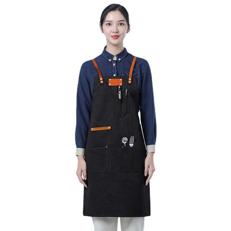 新款直销跨境加厚帆布围裙韩版新款PU皮交叉背带咖啡师工作服牛仔