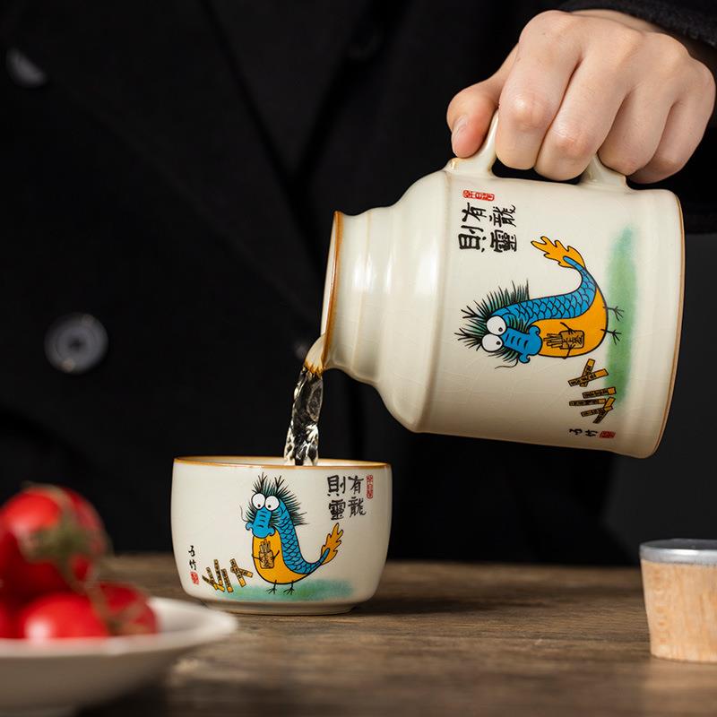 新款直销汝窑有龙则灵小暖壶泡茶杯家用带盖杯子马克杯大容量陶瓷