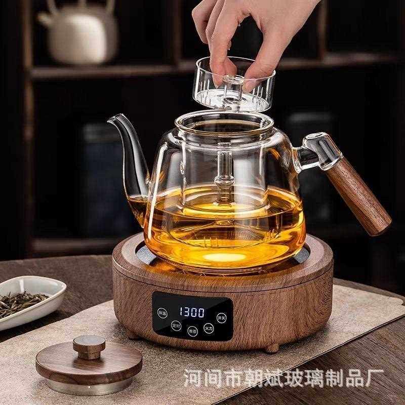 新款直销高硼硅玻璃煮茶壶胡桃木把手煮茶器耐热蒸煮茶壶茶壶烧水