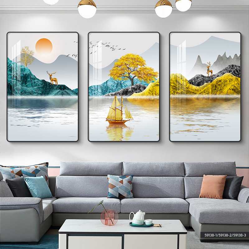 新款直销现代简约客厅装饰画抽象福鹿三联画沙发背景墙挂画pvc边图片