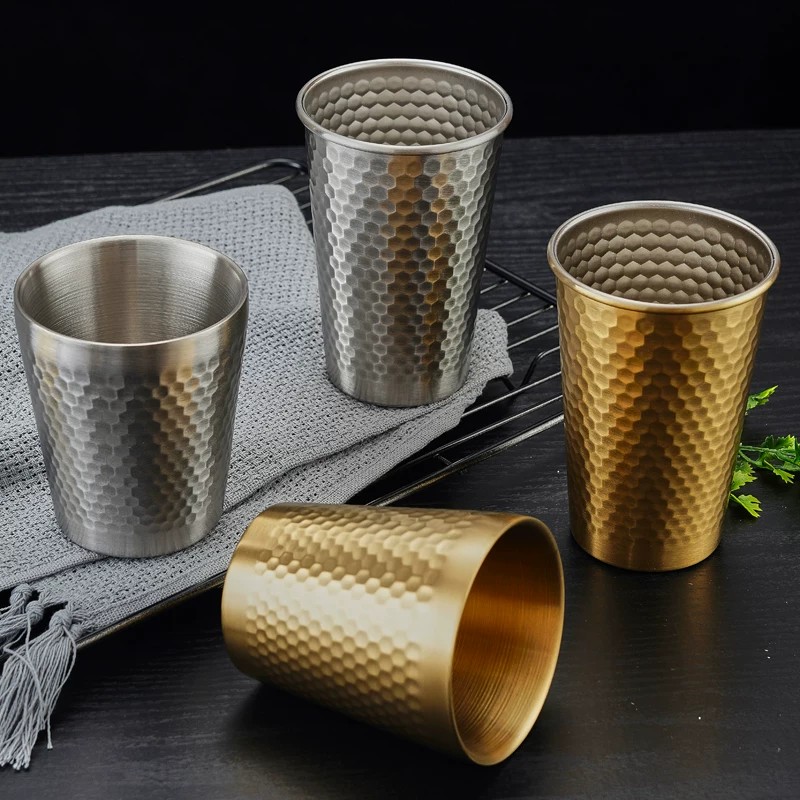 304不锈钢锤纹果汁杯啤酒杯直身杯金色钻石纹水杯漱口杯餐厅茶杯