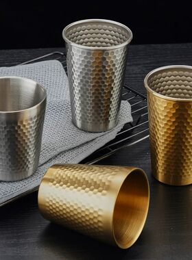 304不锈钢锤纹果汁杯啤酒杯直身杯金色钻石纹水杯漱口杯餐厅茶杯