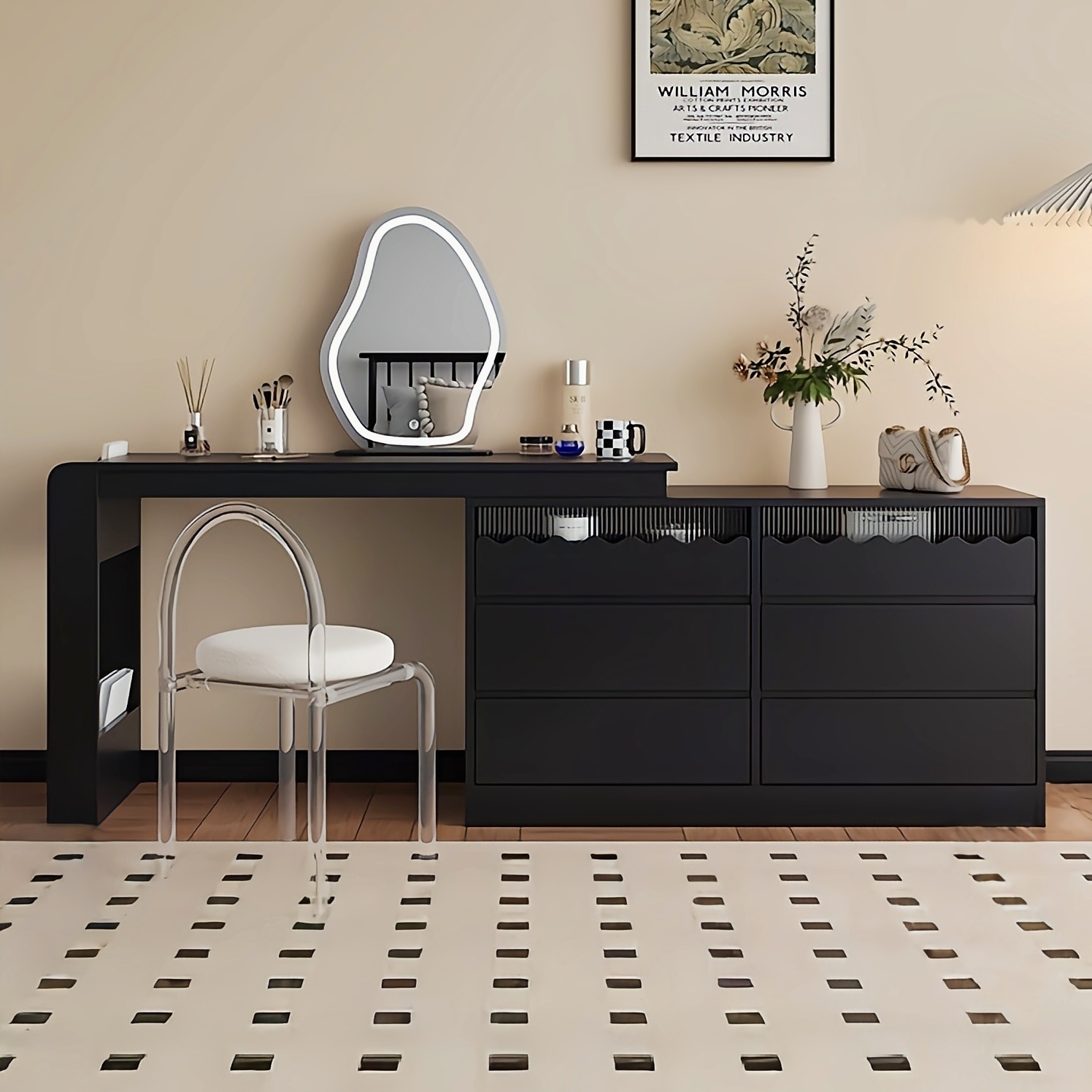 现代简约家用中古风实木化妆台斗柜一体卧室收纳柜化妆桌化妆台