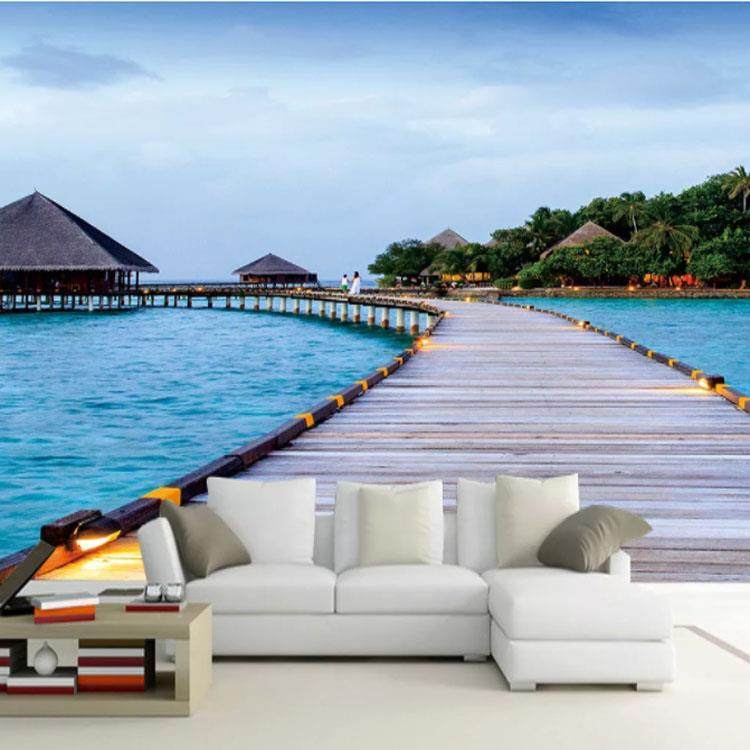 新款海边马尔代夫8D浪漫风景民宿酒店3D电视背景墙纸立体延伸墙布,家装主材,定制壁画,淘宝优惠券,粉丝福利购,淘宝优惠卷