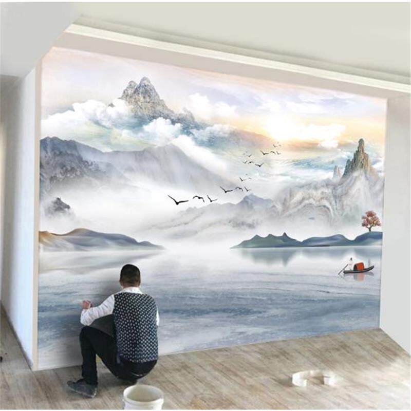 新中式壁布电视背景墙壁纸2025年大气墙纸客厅影视壁画8d山水墙布