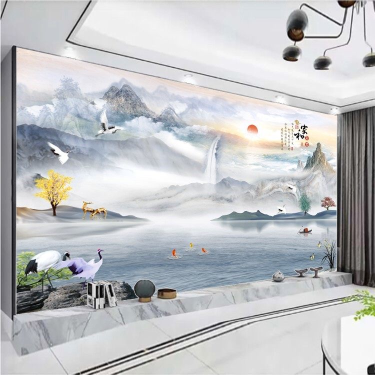 8D电视背景墙画壁纸客厅装饰墙布3d影视墙纸山水壁画壁布新中式5D