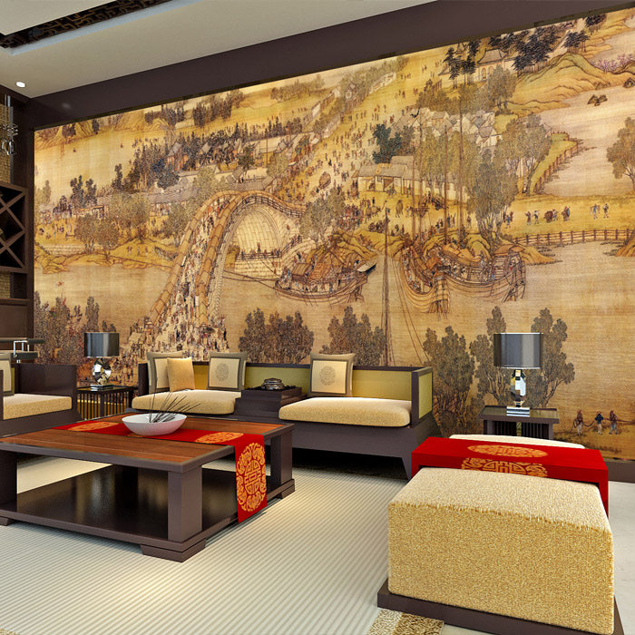 书房清明上河图墙纸酒店中式古典餐厅壁纸客厅电视沙发背景墙布画,家装主材,无纺布墙纸,淘宝优惠券,粉丝福利购,淘宝优惠卷