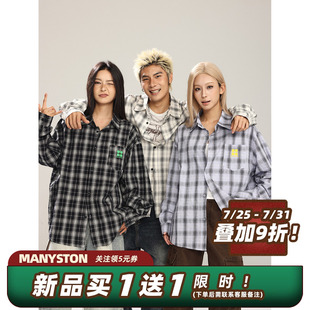 潮牌宽松长袖 MANYSTON美式 春秋季 复古纯棉格子polo领衬衫 衬衣 男款