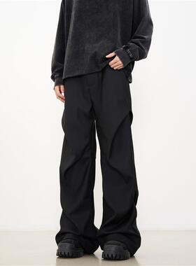 KISKO美式小众褶皱拖地微喇休闲裤高级感宽松直筒垂感黑色西裤男