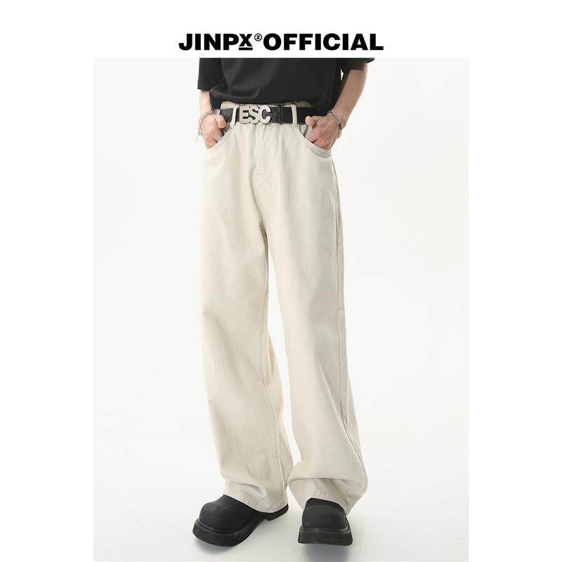 JINPX 原创百搭浅色牛仔裤男女cleanfit休闲直筒宽松杏白色长裤子