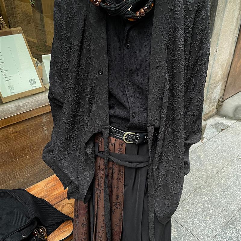 以休眠 复古日系飘带花卉刺绣山本耀司风新中式道袍长袖衬衫外套
