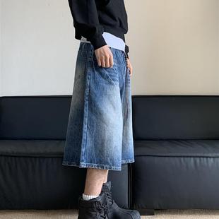 白菜coke美式复古做旧蓝闪电牛仔短裤男宽松直筒阔腿七分裤垂坠感