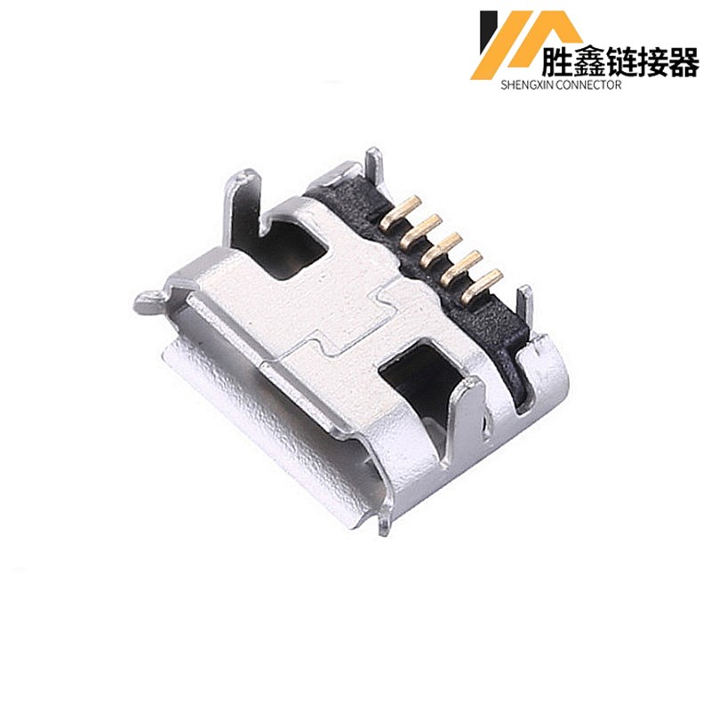 Micro5p牛角卷边USB充电插头迈克5PIN前插后贴板上耐高温母座