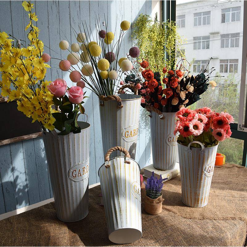 欧式田园复古花桶铁皮桶干花鲜花店装饰花盆插花花器铁艺花筒大号