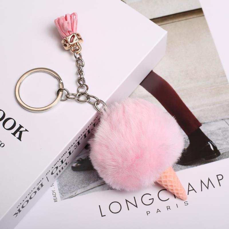 跨境可爱冰淇淋毛球钥匙扣挂件仿獭兔毛时尚汽车包包挂饰