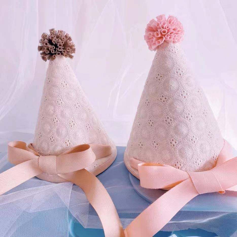 韩系ins公主生日帽现货满绣蕾丝料生日派对装扮尖尖帽亲子拍照戴