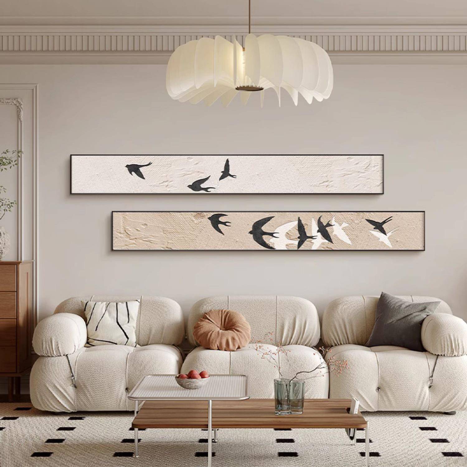 2023新款美拉德风中古小众复古细窄长条横版沙发背景墙装饰画挂画