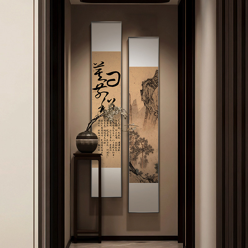 速发廊韵流芳新中式入户玄关装意画禅饰茶室双联挂画走墨山水壁画