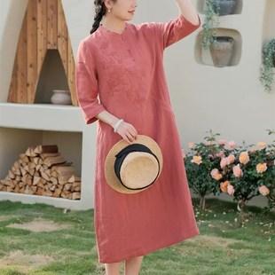 速发文艺0古棉麻连衣裙2复大款高端亚麻长裙中式茶服2码改良旗袍