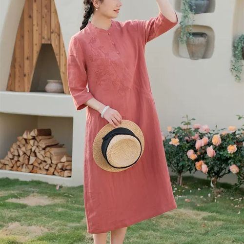 速发文艺0古棉麻连衣裙2复大款高端亚麻长裙中式茶服2码改良旗袍