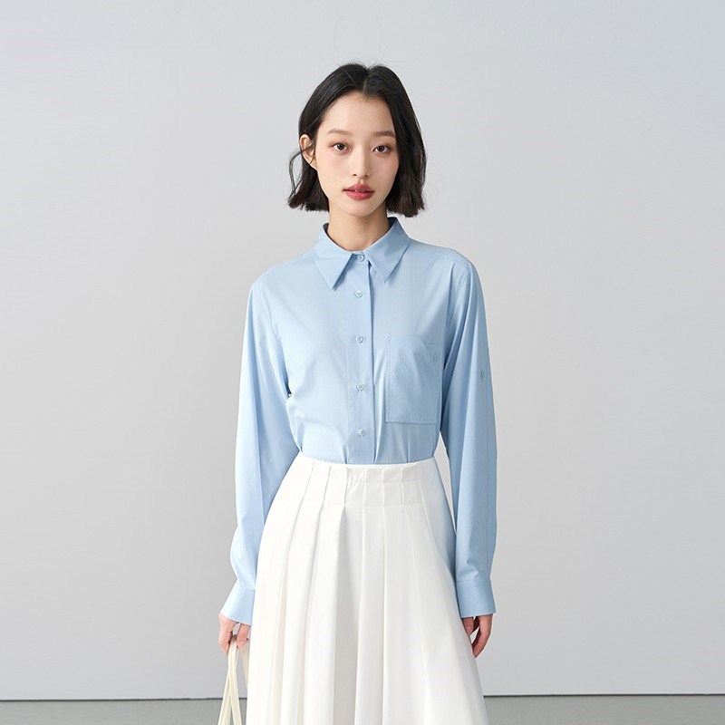 速发伯德个姐蓝色长袖春季子试通勤衬衣小小面穿搭职业上衣