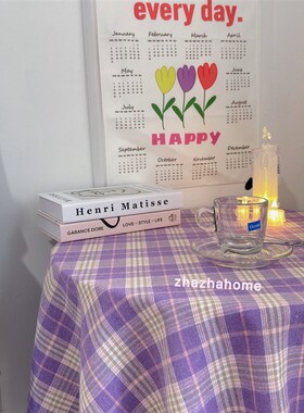 速发扎扎拍o餐韩风梦幻紫色格子桌布野 布宿舍茶几摆h装饰背景布