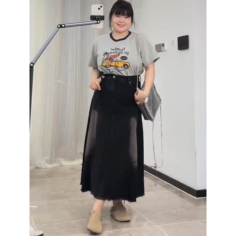 速发大码装美式毛边牛半半身裙高街裙子黑字A色仔裙