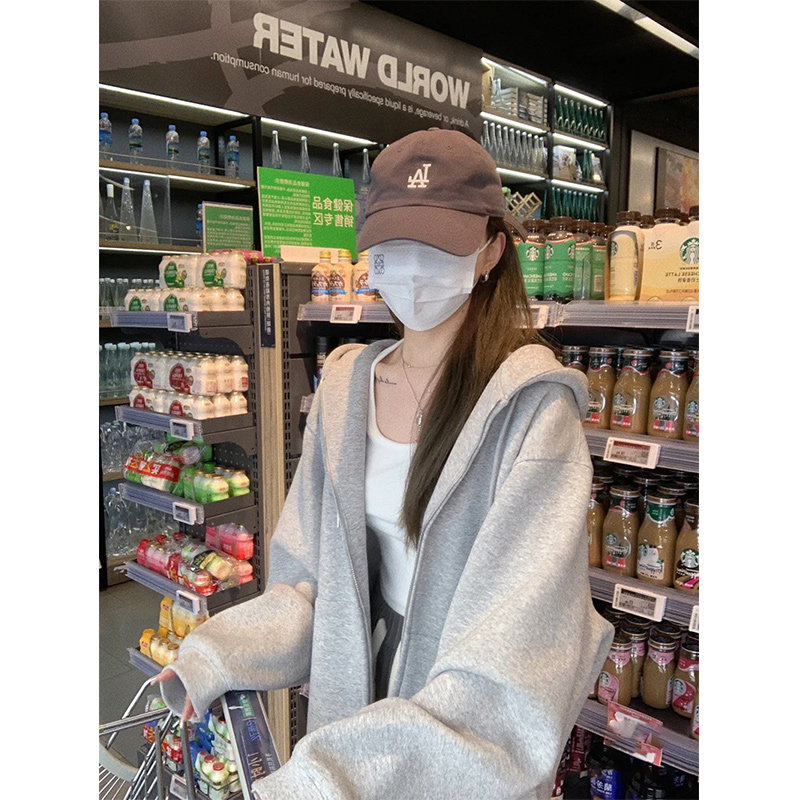 速发灰色连加卫衣新套春秋款202外款开衫空气棉帽绒薄款休闲