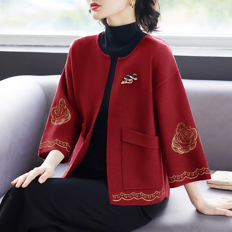 速发妈妈针织开衫中装新服中年妇红色外套秋老年喜婆婆婚礼款外搭