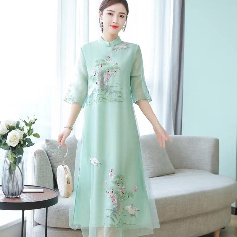 速发茶服连意文艺改国风旗袍禅衣裙夏薄款年轻妈妈气质高端中良汉