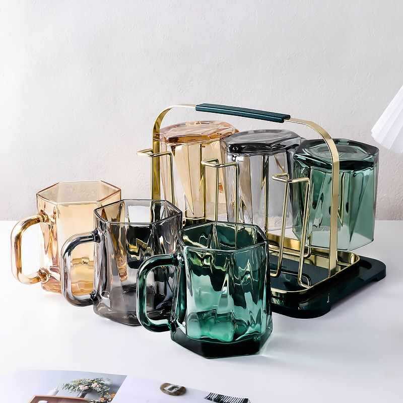 速发家手玻璃杯套装客厅加水杯早餐牛奶杯杯具喝厚带把用杯子杯架