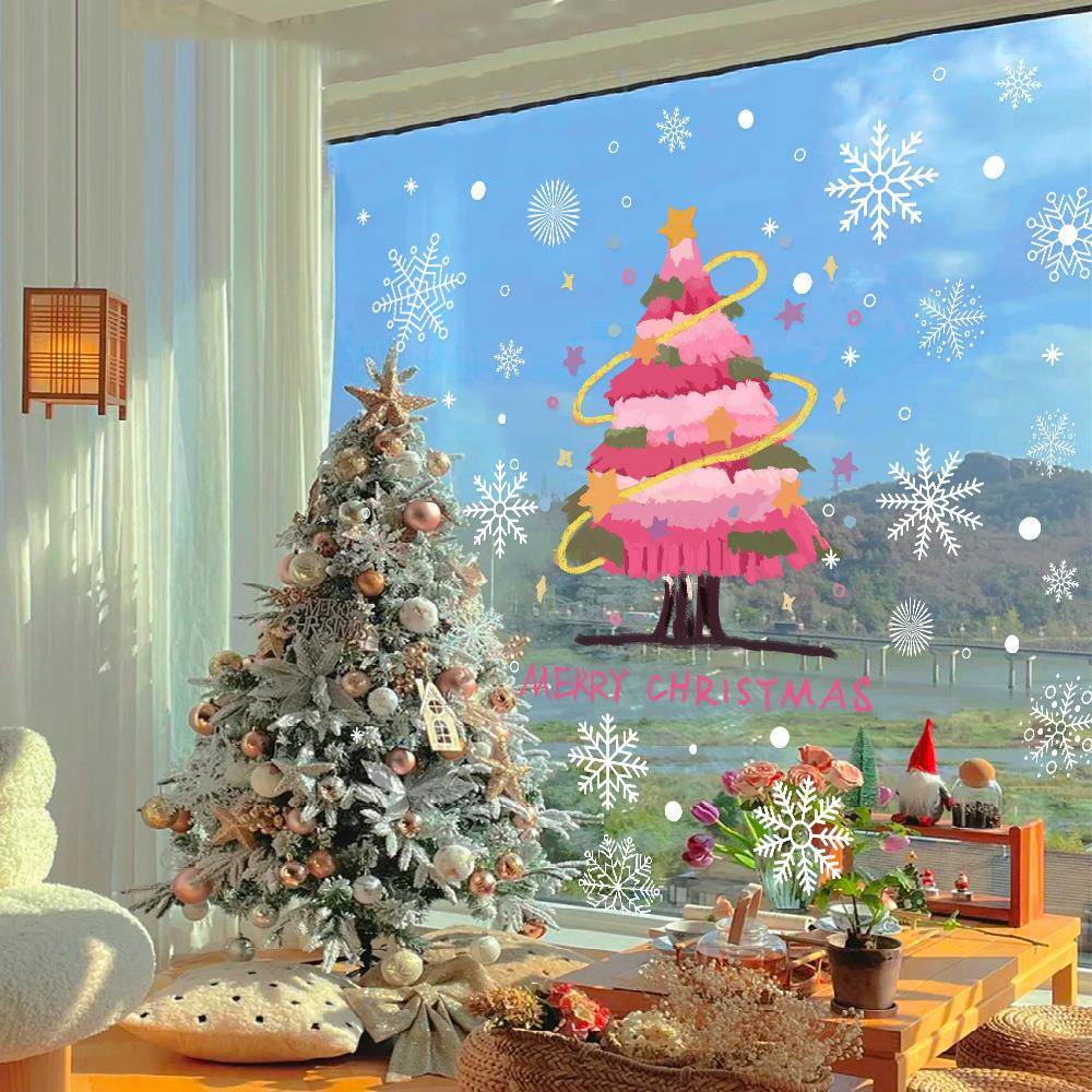 2026圣诞节装饰贴纸玻璃橱窗贴画布置雪花粉色圣诞树静电贴UV窗花