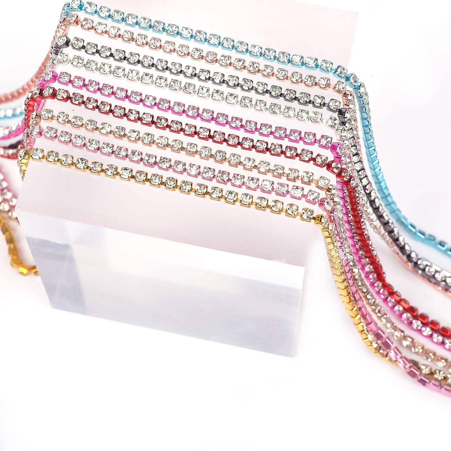 威尘爪链白钻水钻 SS4.5-SS18银/金红色AB水钻链服装缝纫玻璃装饰