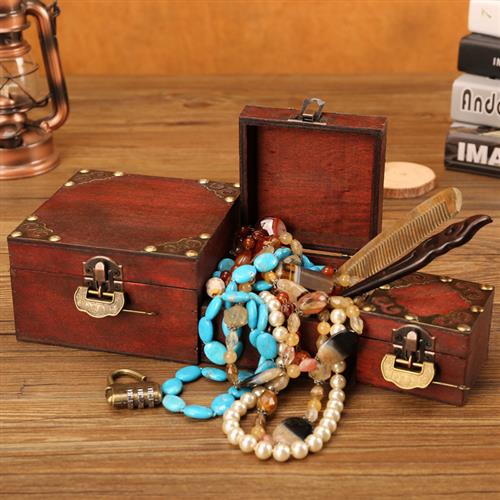 适用欧式复古做旧方形首饰盒木质带锁套盒手镯玉器收纳盒 项链包