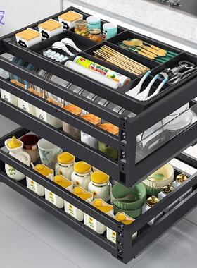 适配pkp厨房橱柜拉篮三层抽中抽屉式太空铝合金内置调味碗篮厨柜