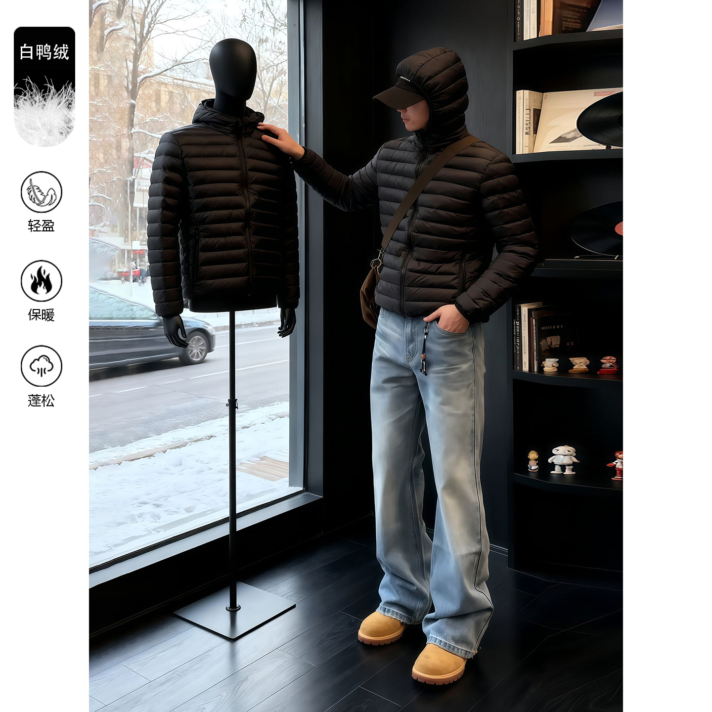 黑色连帽排骨羽绒服男款冬季美式