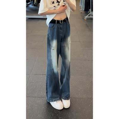 美式斜切破洞微喇牛仔裤男款夏季