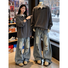 深灰色假两件衬衫领卫衣男款秋冬美式格子针织t恤加绒内搭打底衫