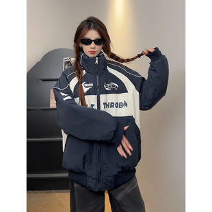 美式拼接短款飞行夹克羽绒服男女冬季潮牌机车棉服立领赛车服棉衣