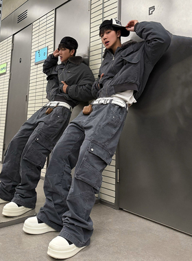 深灰色褶皱弯刀工装裤男秋冬季多口袋直筒裤子休闲百搭微喇阔腿裤