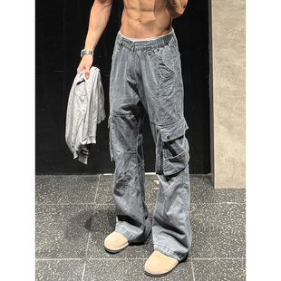 灰色多口袋伐木工装裤男款冬季美式潮牌设计感裤子直筒休闲牛仔裤