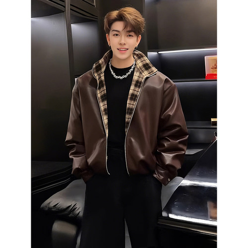 美拉德咖色pu皮衣棉服男款冬季