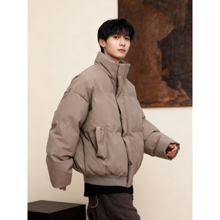 美拉德咖色男式冬季羽绒棉服短款高领pu皮棉衣美式加厚保暖面包服