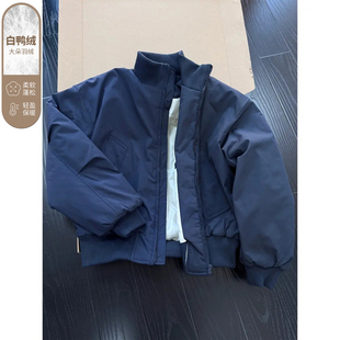 藏青色棒球领羽绒服男冬季美式廓形晋江棉衣短款立领飞行夹克棉服