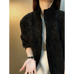 美式bomber扎染皮夹克男春秋短款立领飞行员棒球服潮牌高级感外套