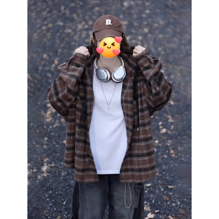 美式复古棕格子连帽衬衫男女秋冬oversize慵懒风外套加厚格纹衬衣