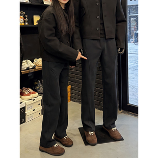 黑色美式重磅弯刀卫裤男款秋冬青少年酷帅裤子直筒加绒斜切休闲裤