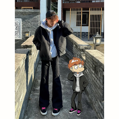 黑色加绒加厚牛仔裤男秋冬季美式