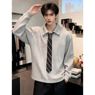 老钱风毛呢领带翻领卫衣男款冬季人夫感穿搭外套学院风长袖Polo衫