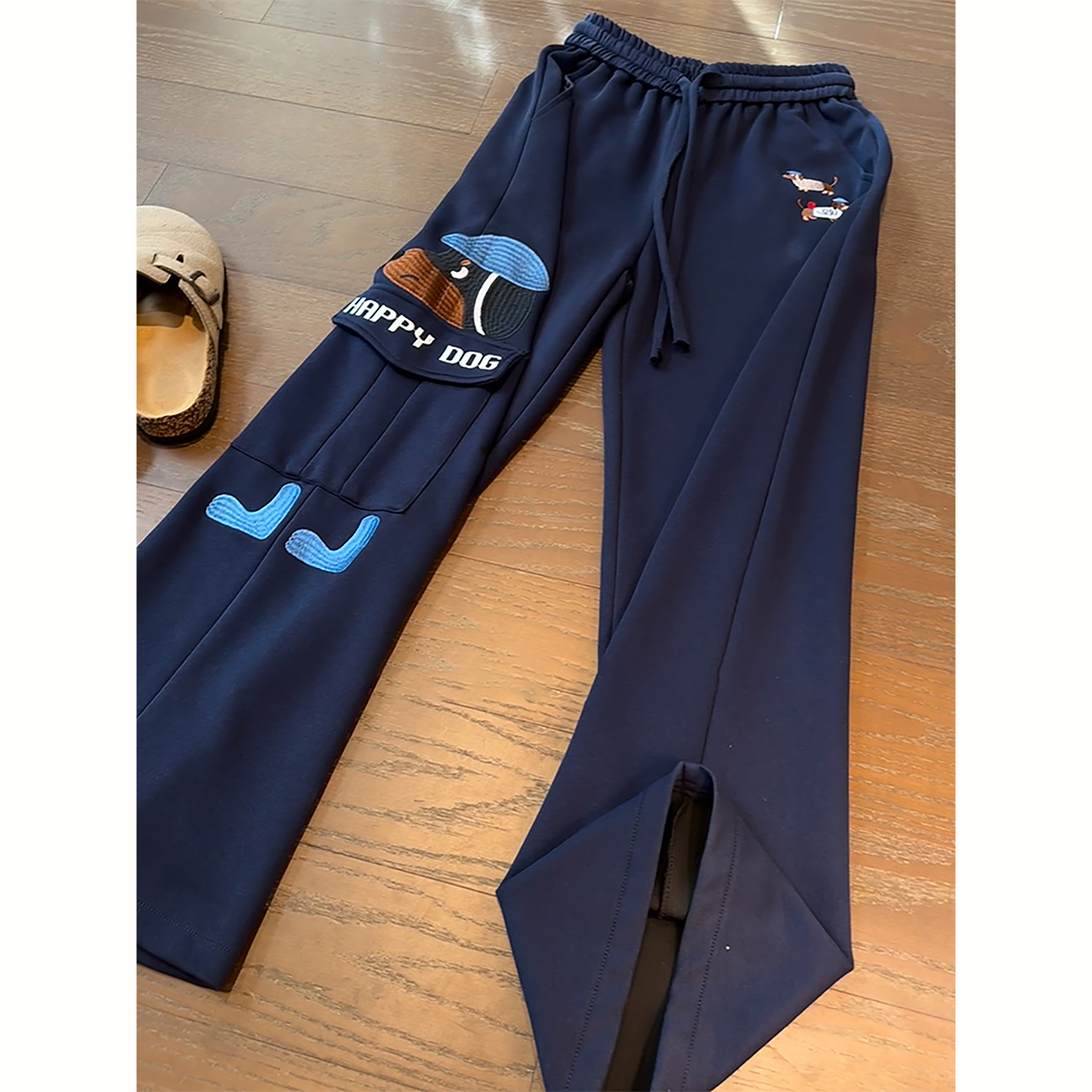 藏青色小狗刺绣卫裤男秋冬季美式